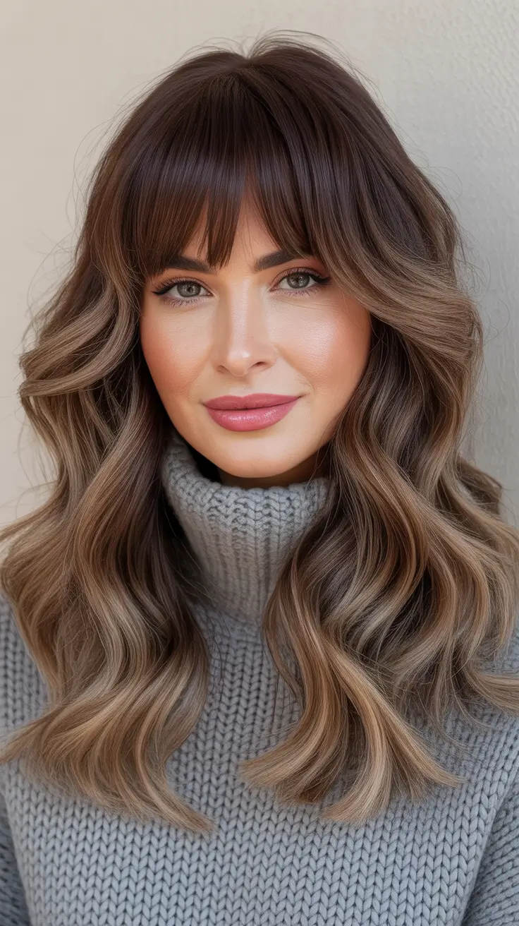 Ash Brown Hair Color 2026 - Cozy Ash Brown Waves With Fringe