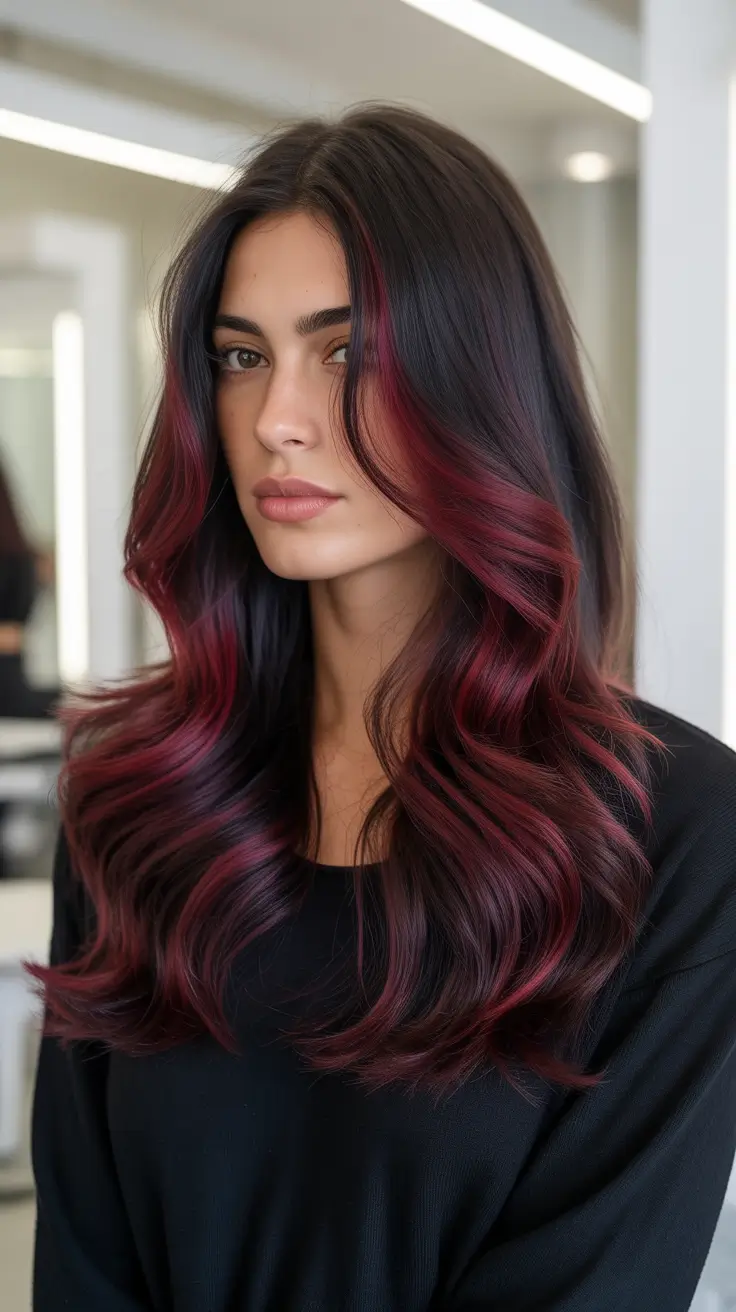 Balayage hair color ideas 2026 - Cherry Wine Balayage On Deep Brunette Waves