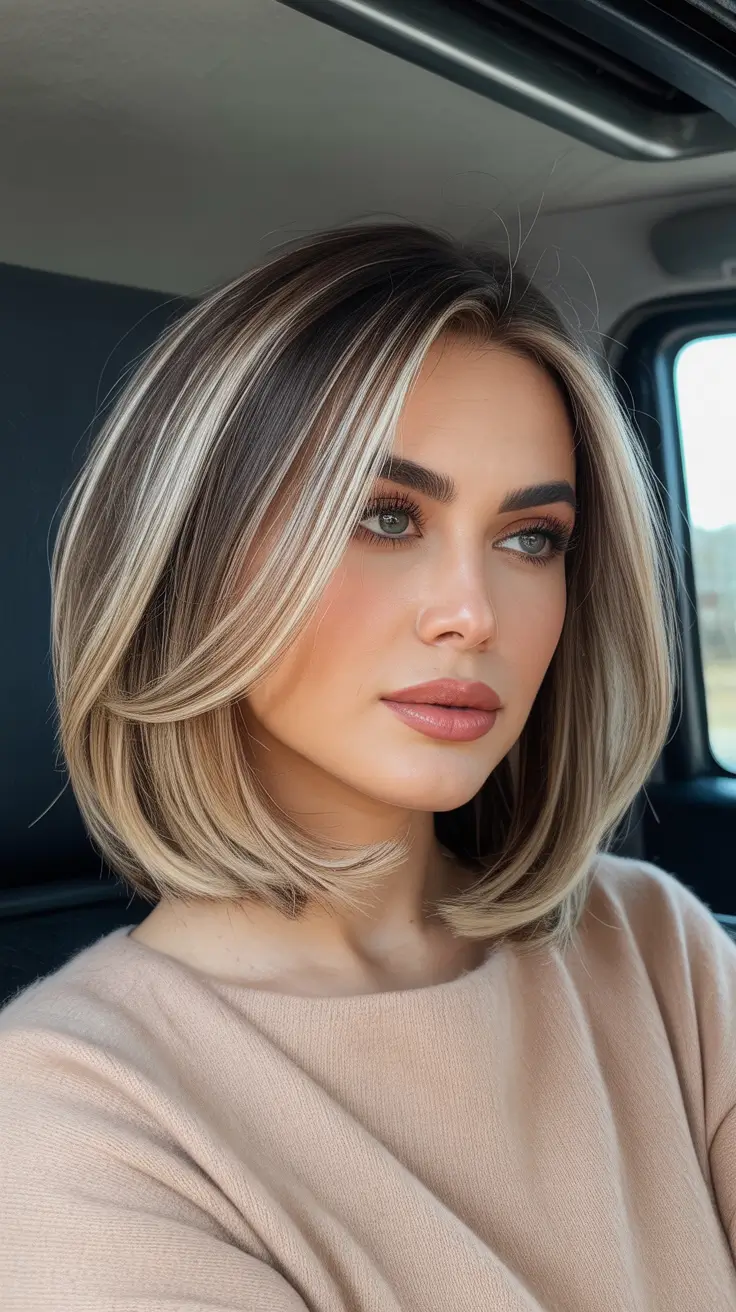Balayage hair color ideas 2026 - Blonde Balayage Long Bob With Lived-In Roots