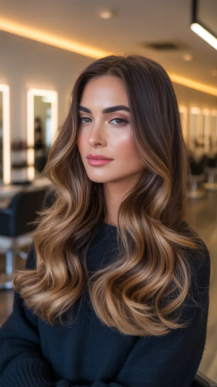 Balayage hair color ideas 2026 - Caramel Ribbon Balayage On Rich Brunette