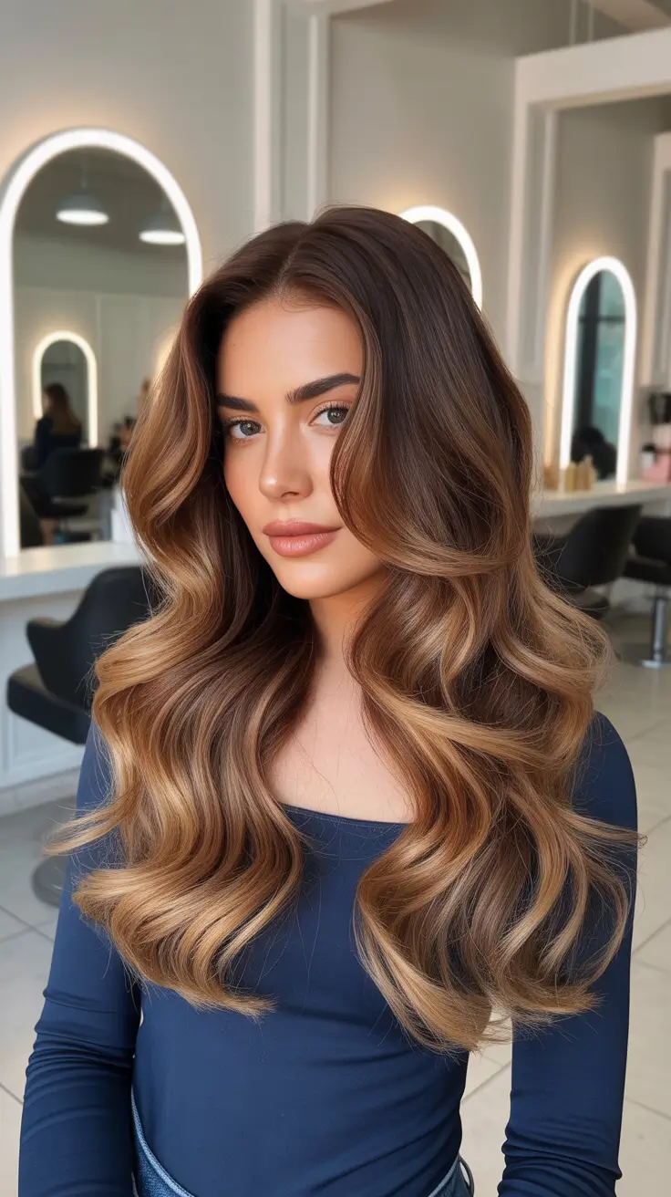 Balayage hair color ideas 2026 Classic Caramel Waves For Brunettes