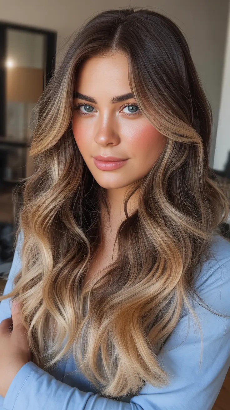 Balayage hair color ideas 2026 Sunlit Brunette With Soft Blonde Ends
