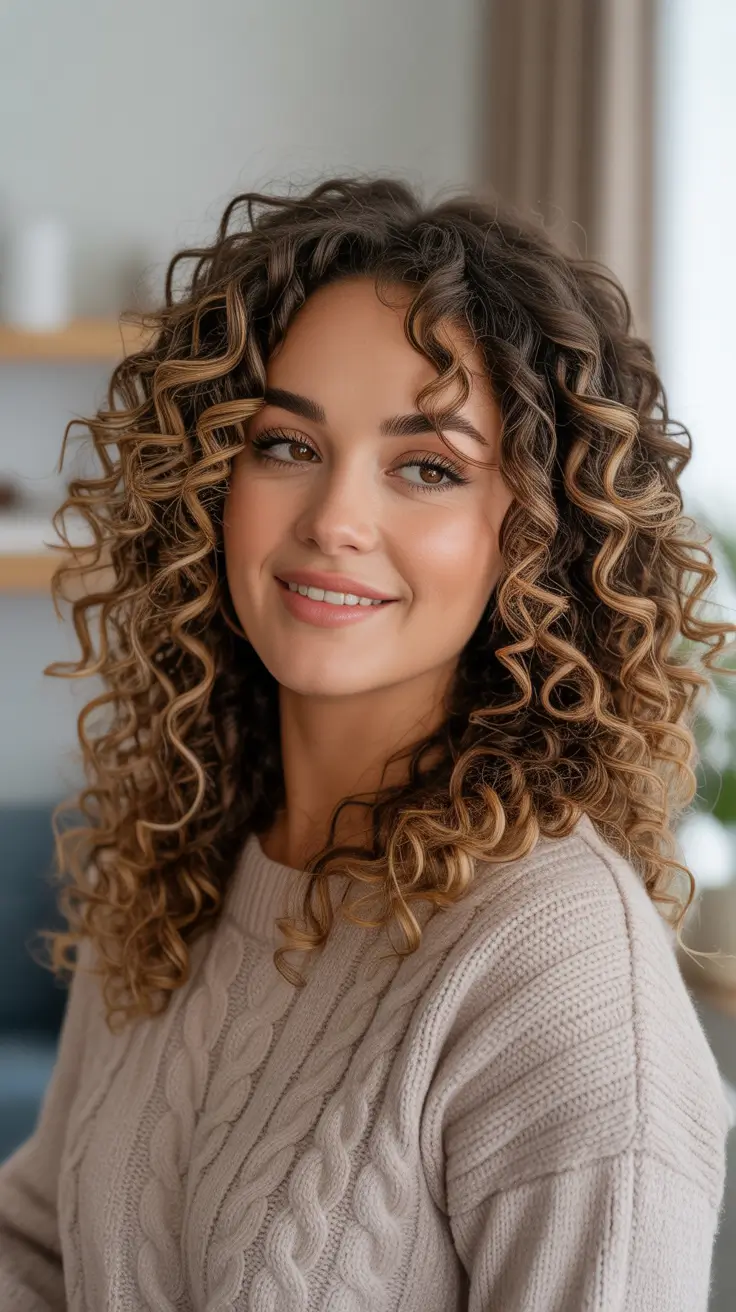 Balayage hair color ideas 2026 - Caramel Curls With Toasty Honey Lights