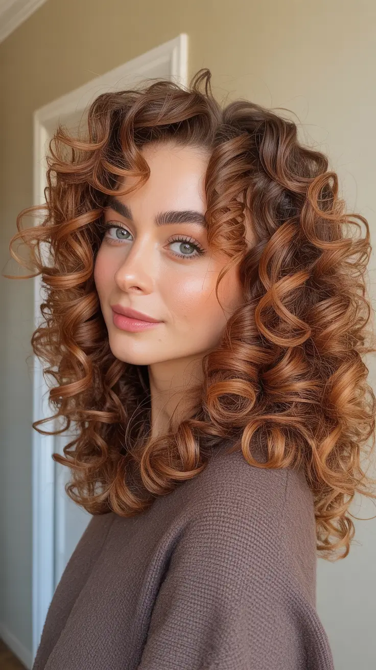 Balayage hair color ideas 2026 Curly Caramel Spiral Balayage