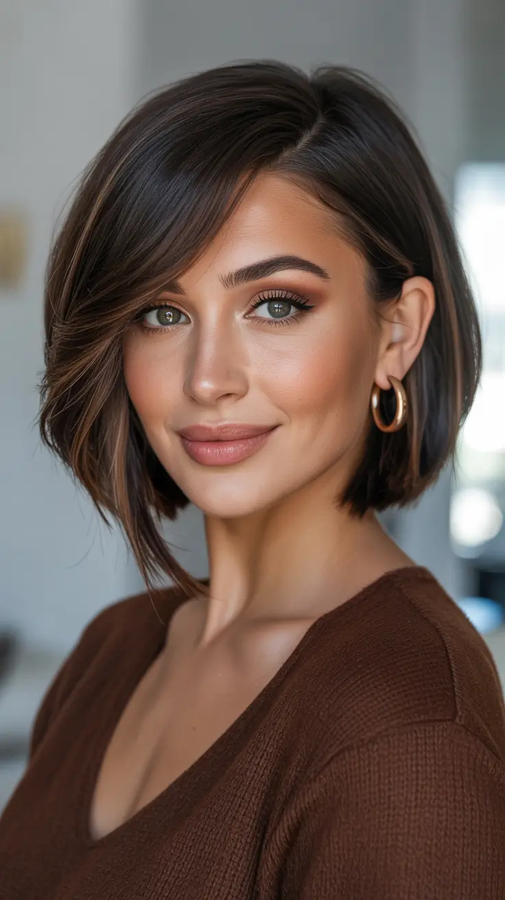 Cute bob hairstyle ideas 2026 Side-Swept Brunette Power Bob