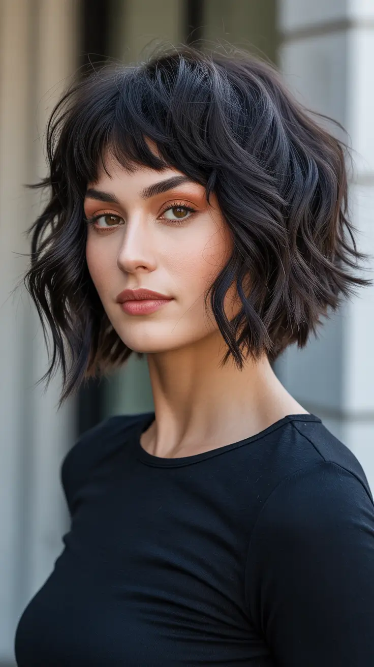 Cute bob hairstyle ideas 2026 Tousled Dark Shag Bob With Fringe