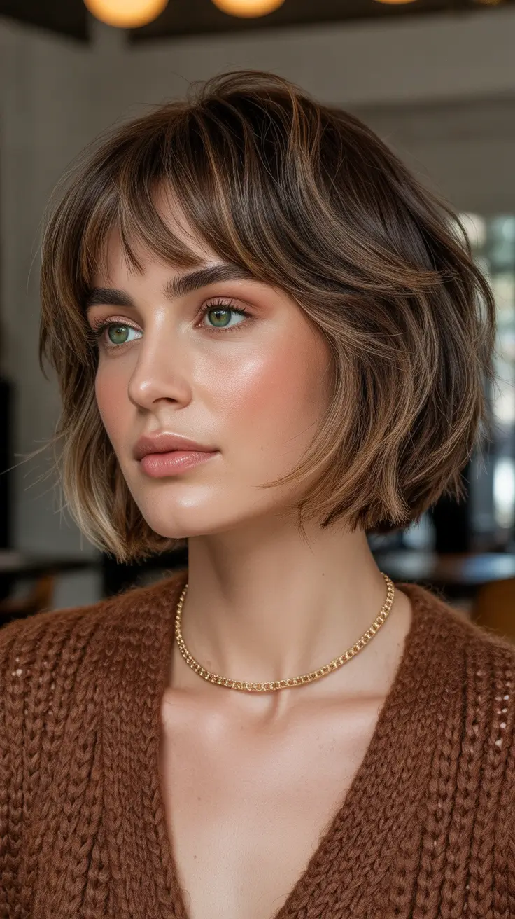 Cute bob hairstyle ideas 2026 Dimensional Choppy Bob With Wispy Bangs