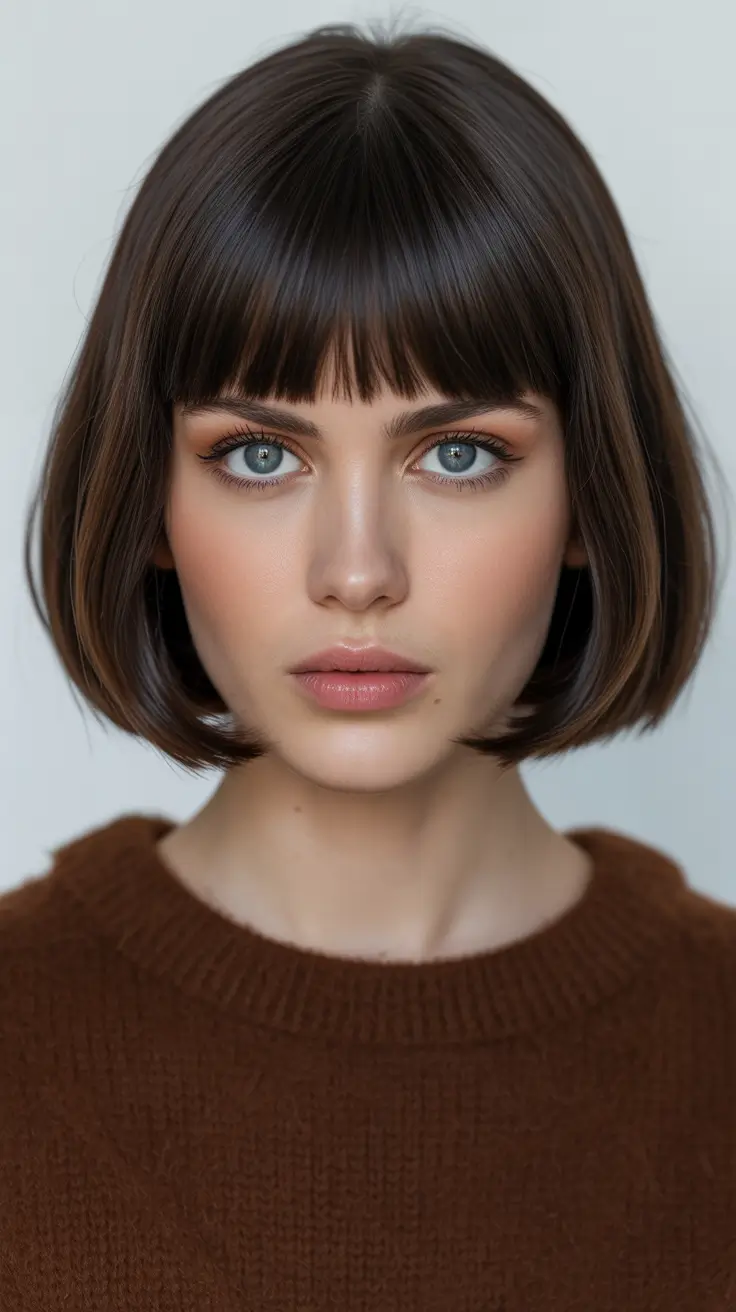Cute bob hairstyle ideas 2026 Sleek Chocolate Bob With Full Fringe
