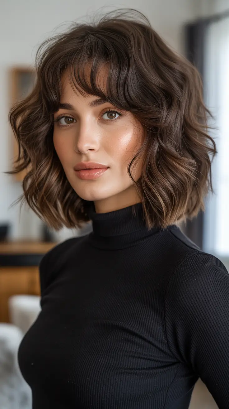 Cute bob hairstyle ideas 2026 Textured Wavy Shag Bob With Fringe