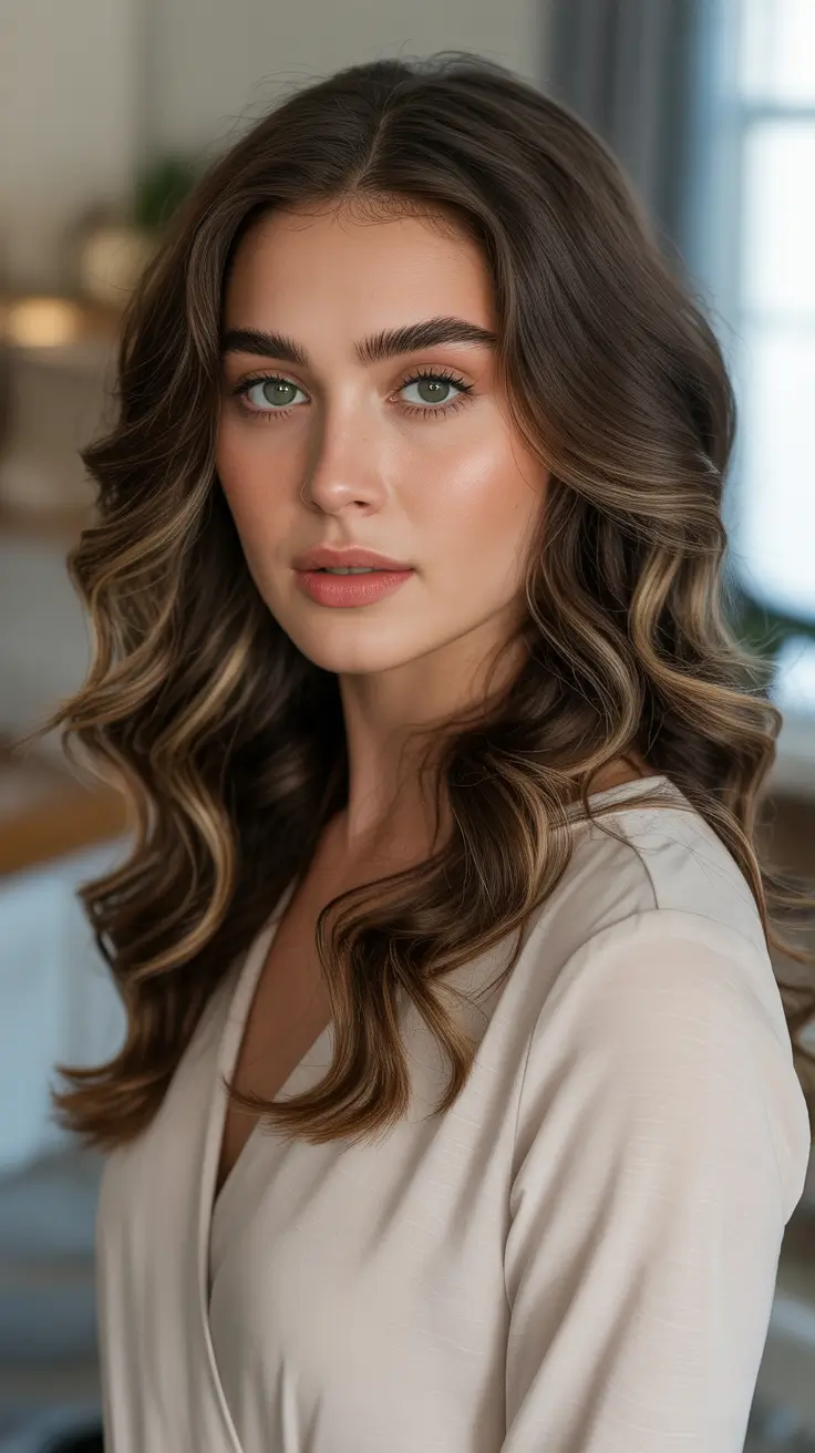 brunette hair color ideas 2026 - Soft Honey Ribbon Waves