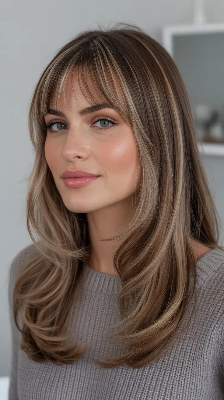 brunette hair color ideas 2026 - Soft Ashy Brunette With Curtain Fringe