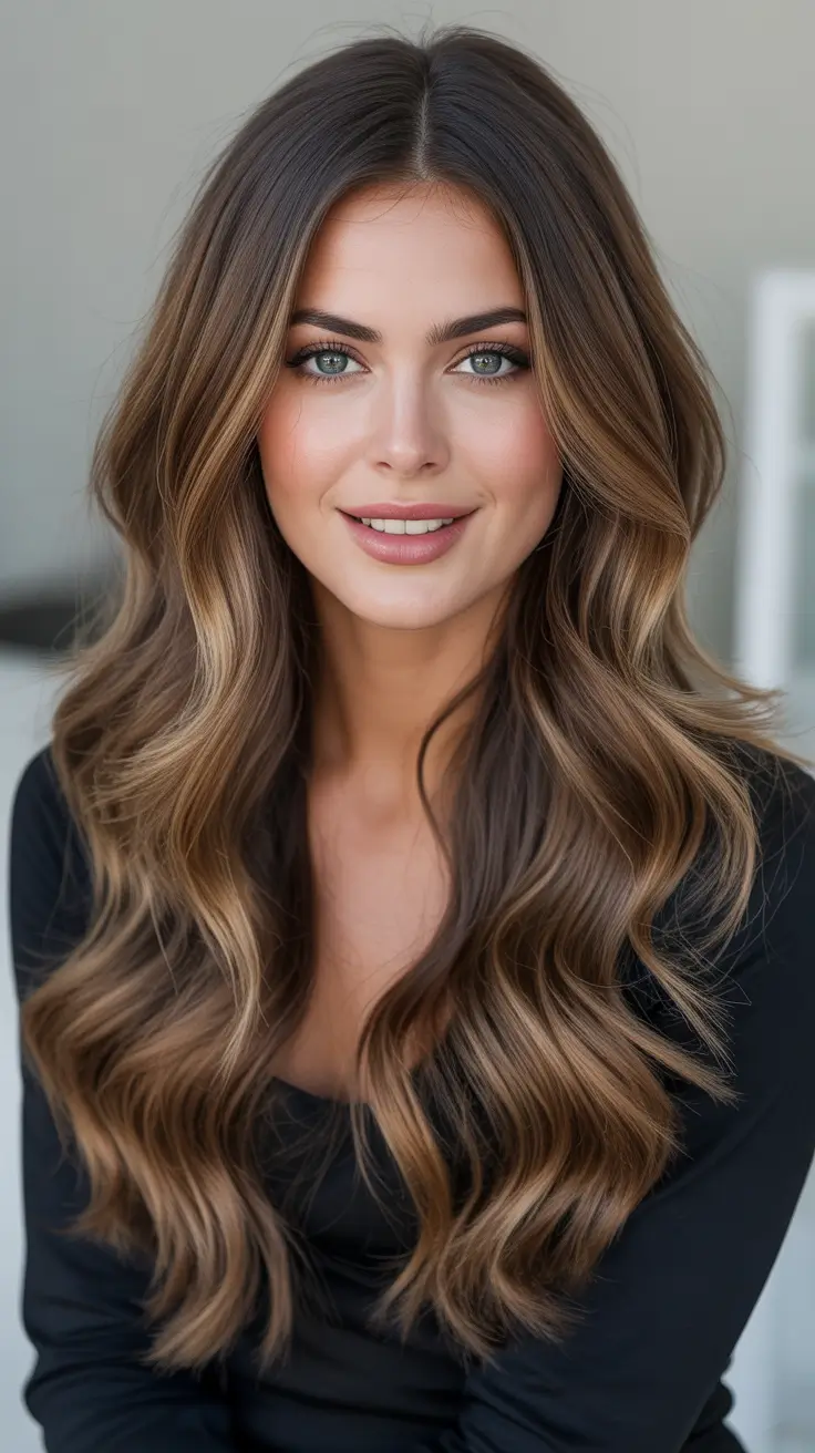 brunette hair color ideas 2026 Sunlit Caramel Waves On Soft Brunette