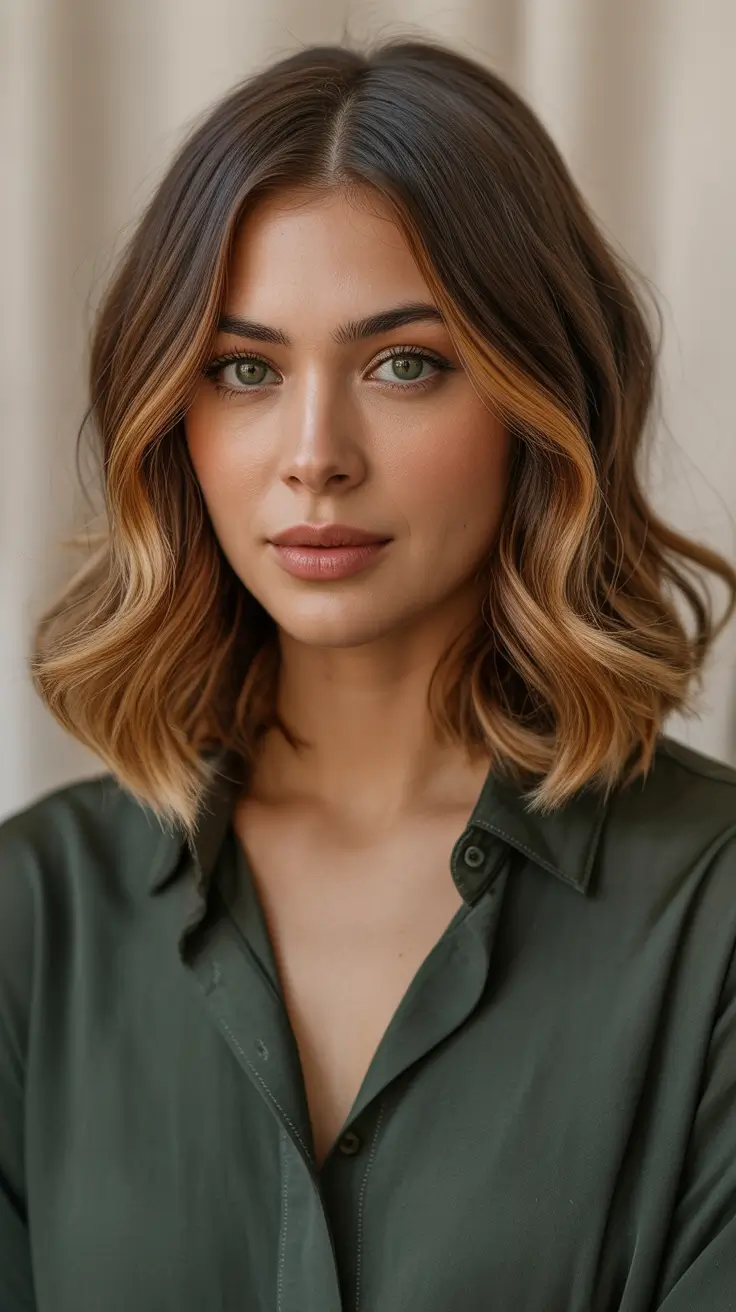 brunette hair color ideas 2026 Warm Bronde Lob With Framing Ribbons
