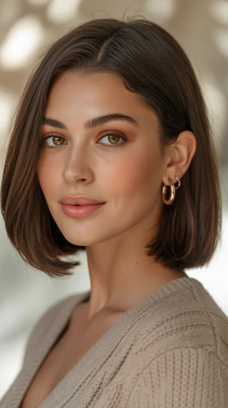 brunette hair color ideas 2026 Minimalist Chocolate Brunette Power Bob