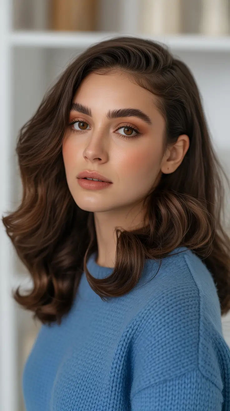 brunette hair color ideas 2026 Classic Deep Brunette With Side Swept Volume