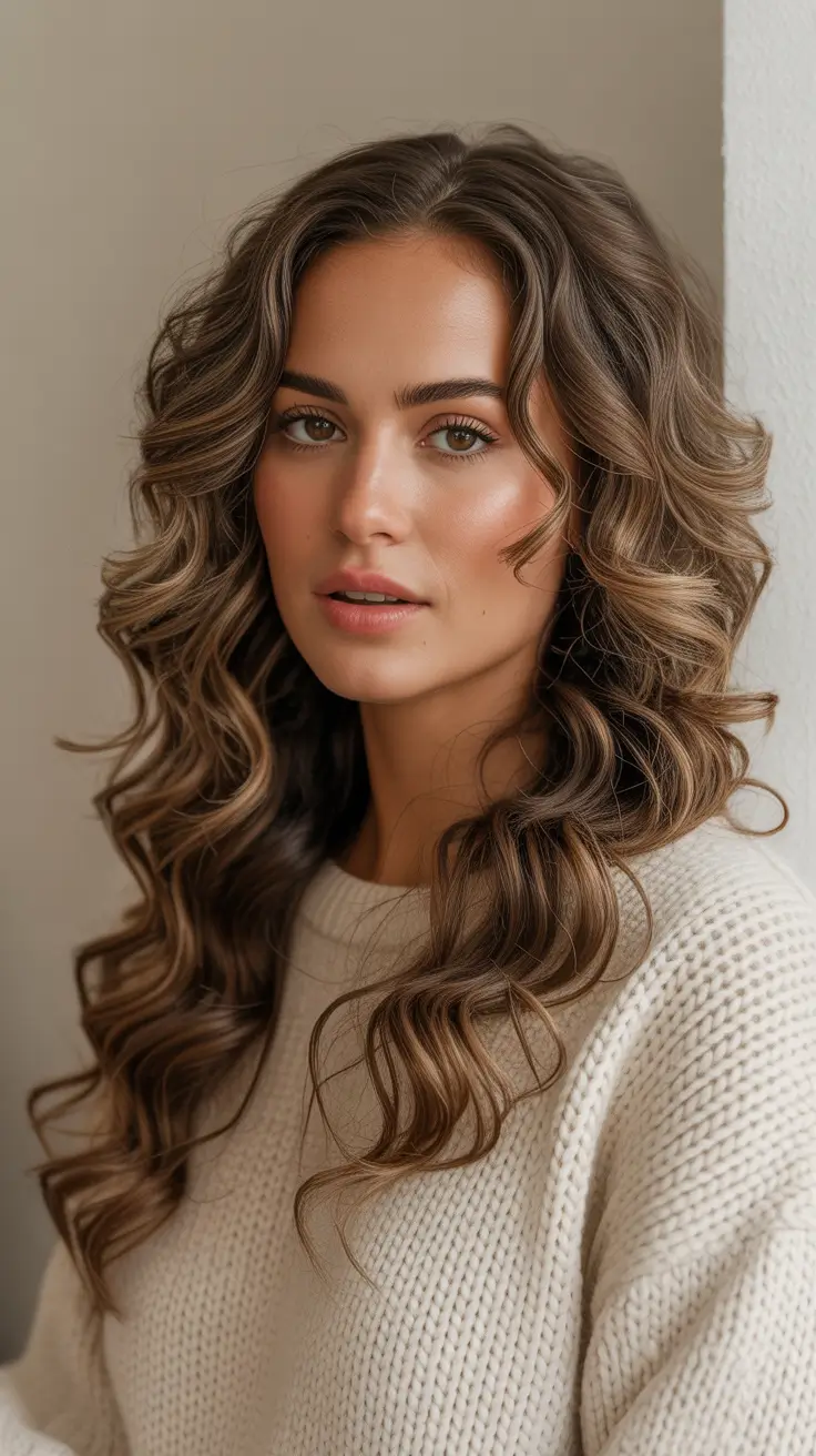 brunette hair color ideas 2026 Lush Brunette Curls With Golden Dimension