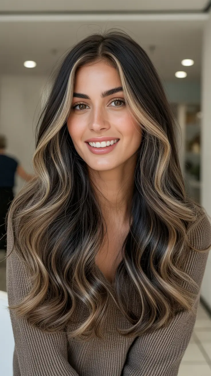 brunette hair color ideas 2026 - High Contrast Money Piece Brunette
