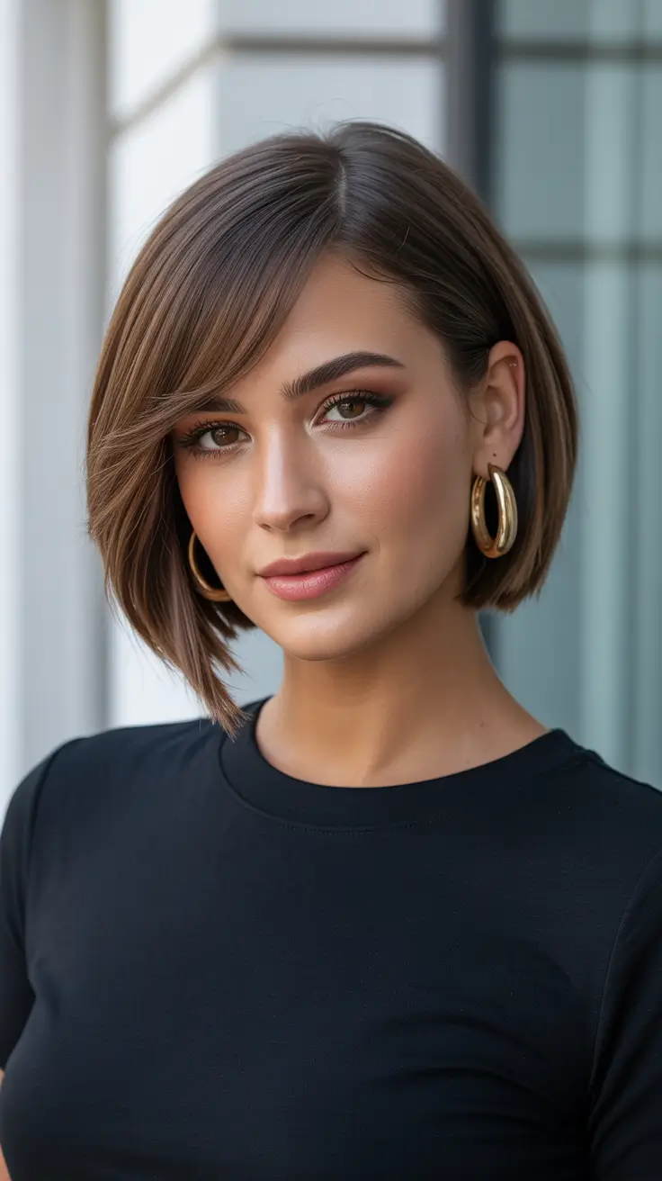 brunette hair color ideas 2026 - Polished Side Part Brunette Bob