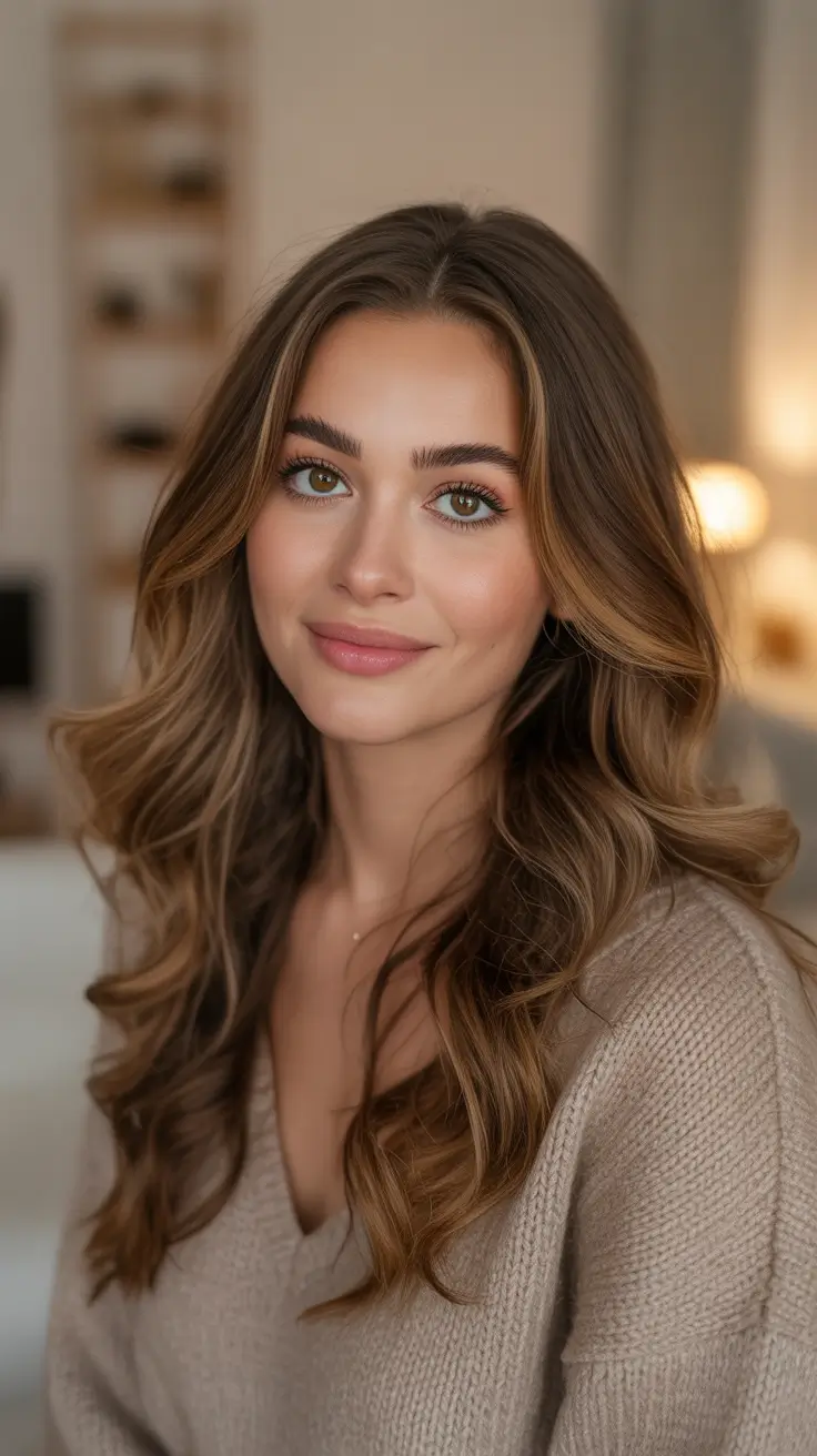 brunette hair color ideas 2026 Soft Caramel Brunette Waves For Cozy Days