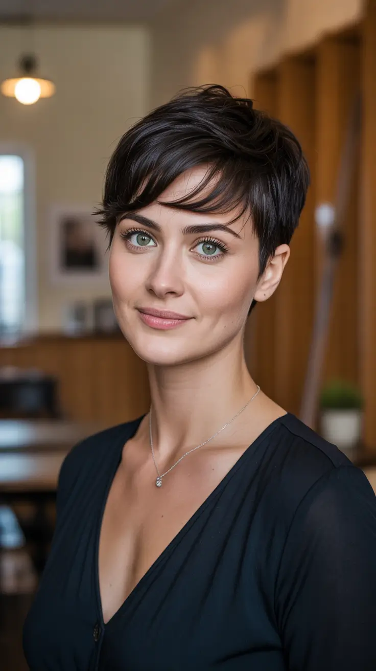 brunette hair color ideas 2026 Chic Dark Brunette Pixie With Side Swept Fringe