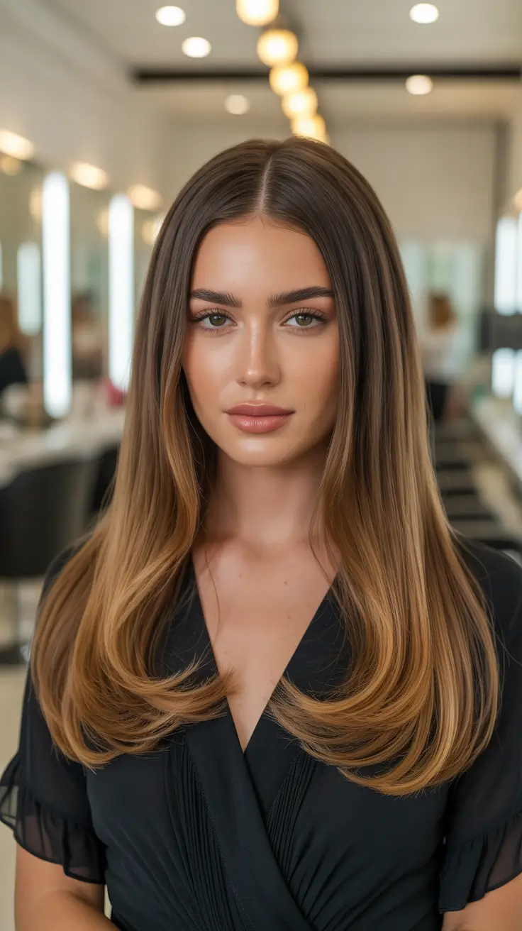 brunette hair color ideas 2026 Glossy Brunette Root Melt With Light Ends