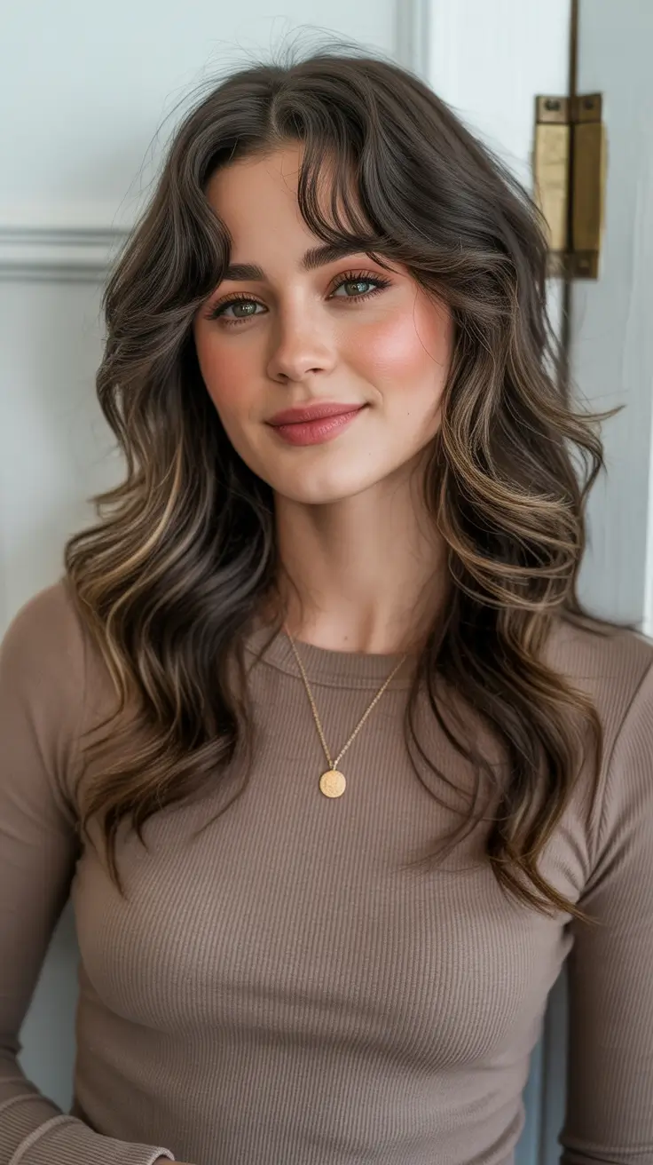 brunette hair color ideas 2026 Textured Brunette Shag With Soft Curtain Bangs