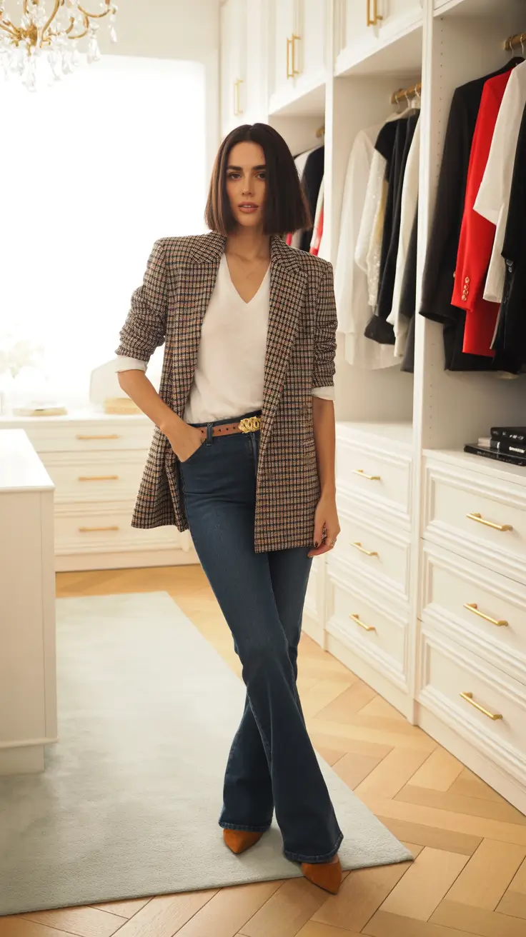 Business casual outfits for women 2026 - Smart check blazer with flare denim