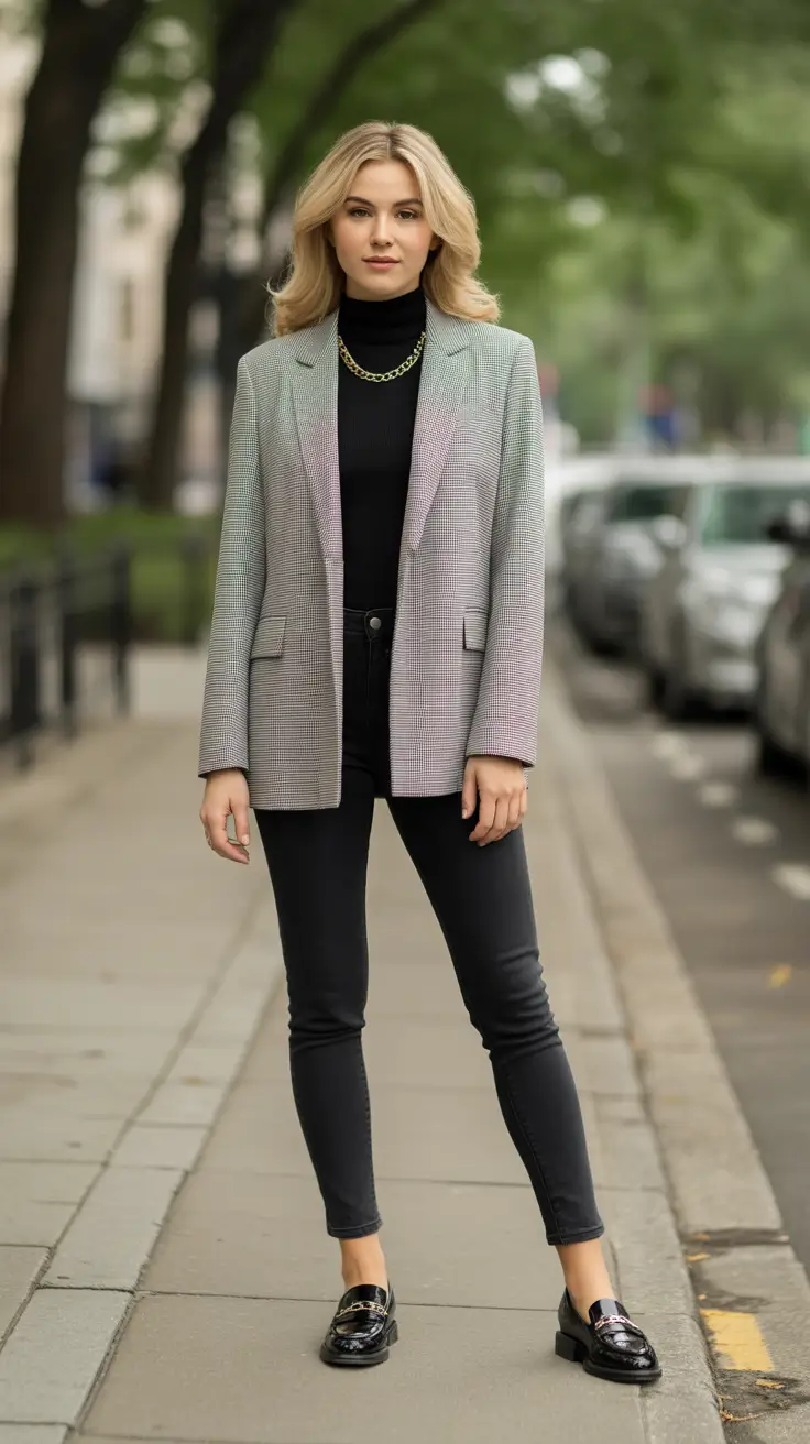 Business casual outfits for women 2026 - Grey check blazer over an all-black base