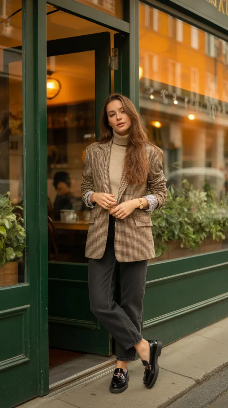 Business casual outfits for women 2026 - Camel turtleneck with menswear checks