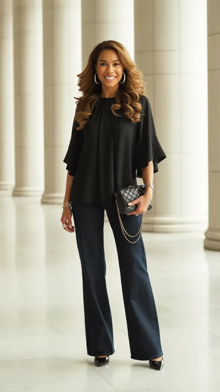 Business casual outfits for women 2026 - Fluid black blouse with dark flares and chain bag