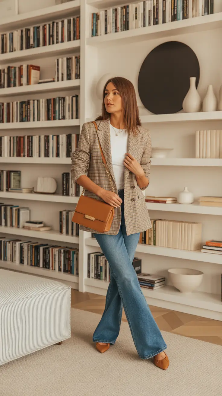 Business casual outfits for women 2026 - Heritage blazer, white tee, and flared blue denim