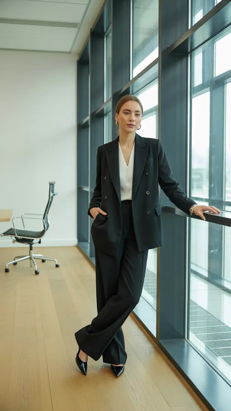 Business casual outfits for women 2026 - Double-breasted suit with soft V-neck