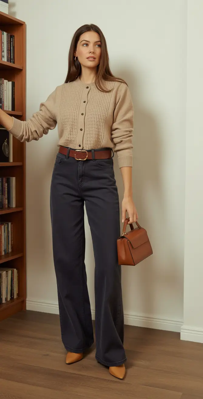Business casual outfits for women 2026 - Caramel cardigan with wide-leg denim and saddle accents