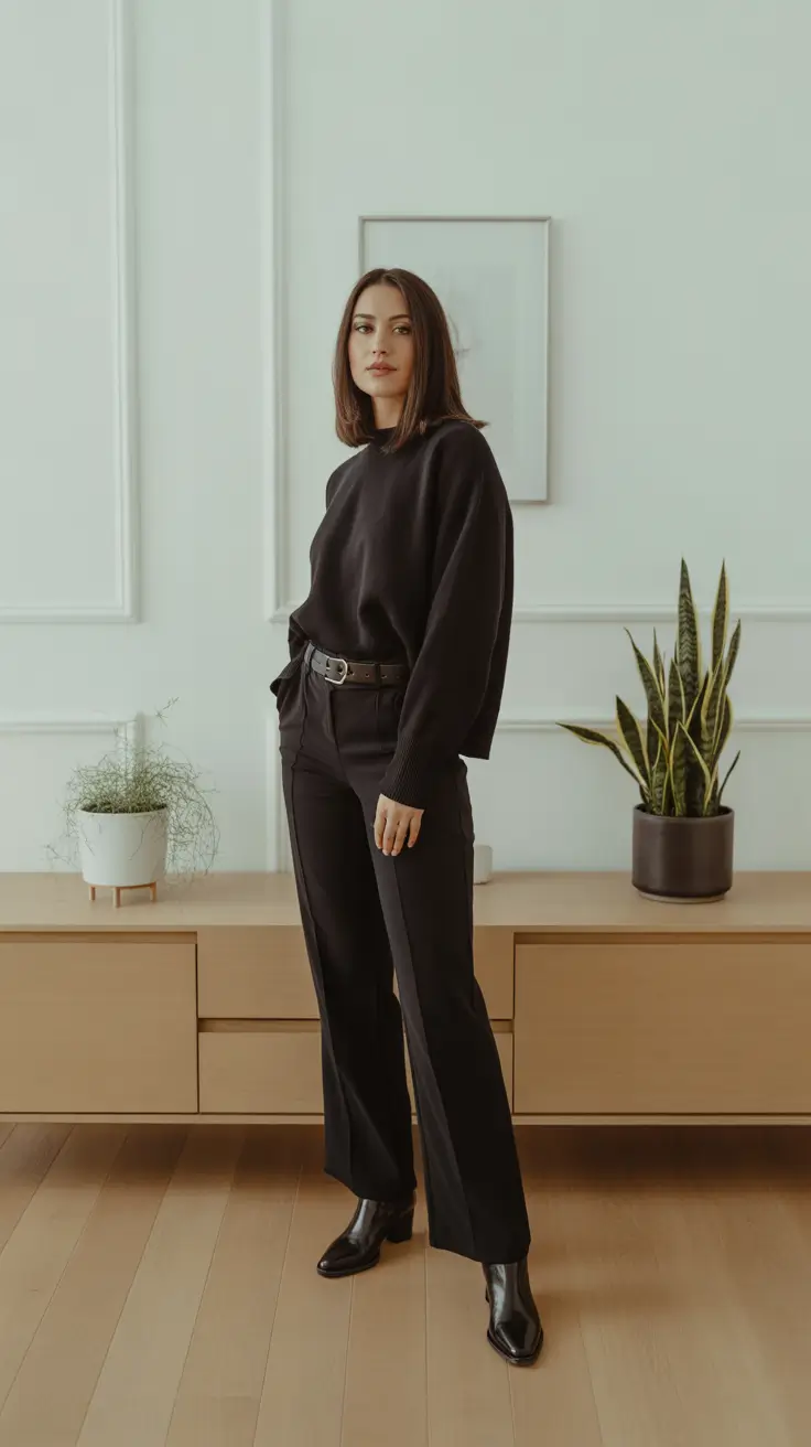 Business casual outfits for women 2026 - Monochrome black knit with tailored trouser and ankle boots