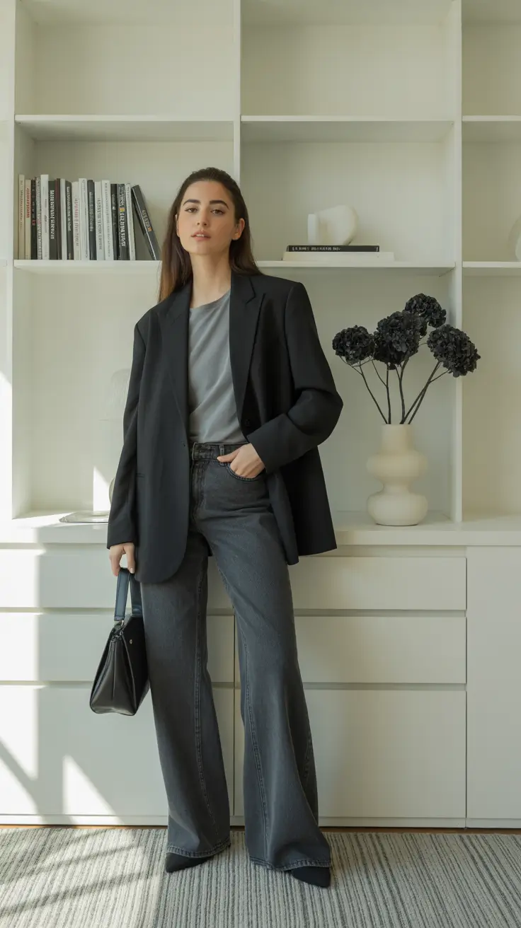 Business casual outfits for women 2026 - Oversized blazer over tonal gray tee and charcoal denim