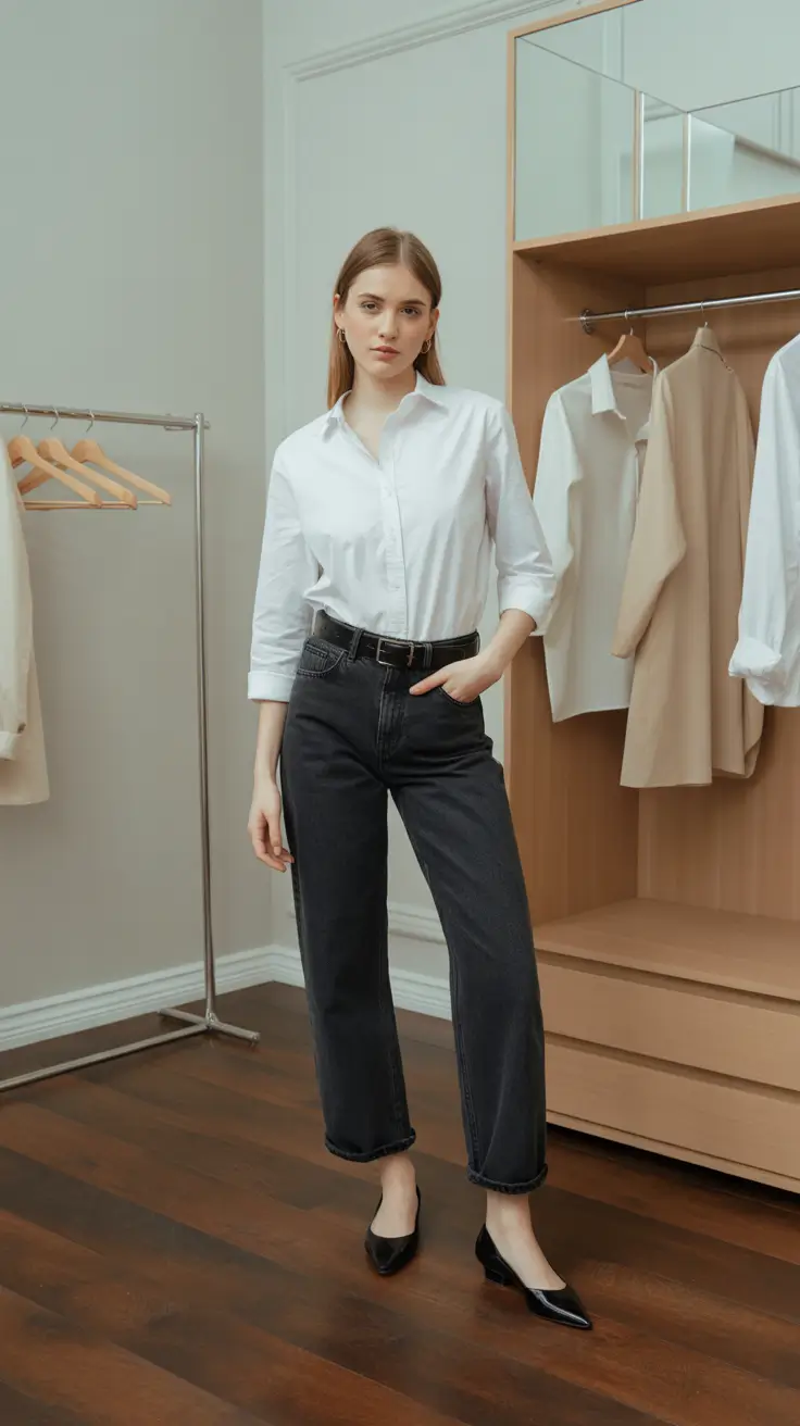 Business casual outfits for women 2026 - Crisp white button-down with straight dark denim