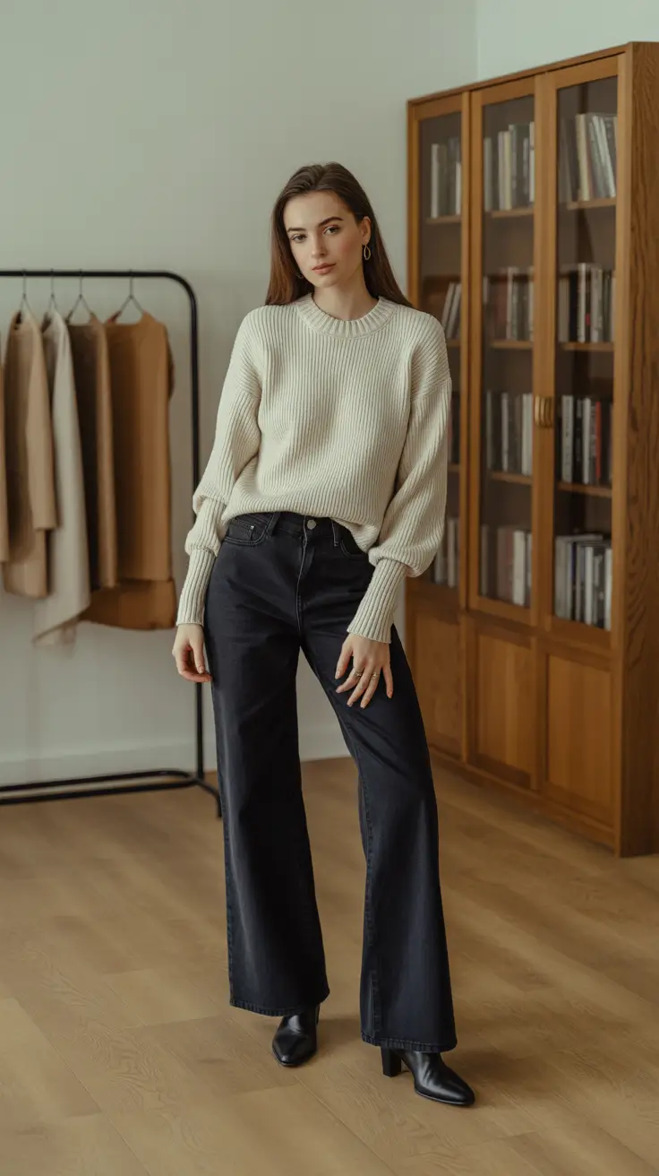 Business casual outfits for women 2026 - Cream rib knit with wide-leg dark denim