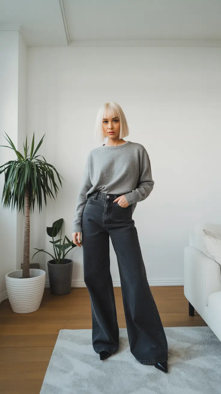 Business casual outfits for women 2026 - Tonal gray knit with wide-leg charcoal denim