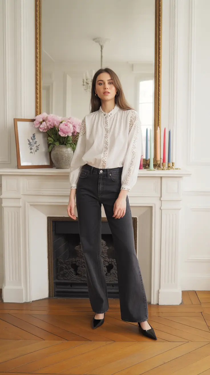 Business casual outfits for women 2026 - Embroidered ivory blouse with soft black denim