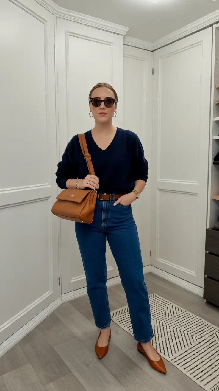 Business casual outfits for women 2026 - Navy knit, straight denim, caramel accents