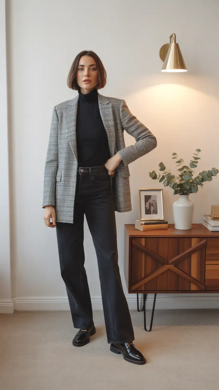 Business casual outfits for women 2026 - Monochrome base with houndstooth blazer