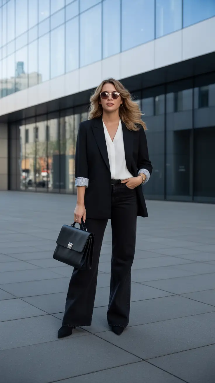 Business casual outfits for women 2026 - Tailored black blazer with v-neck blouse