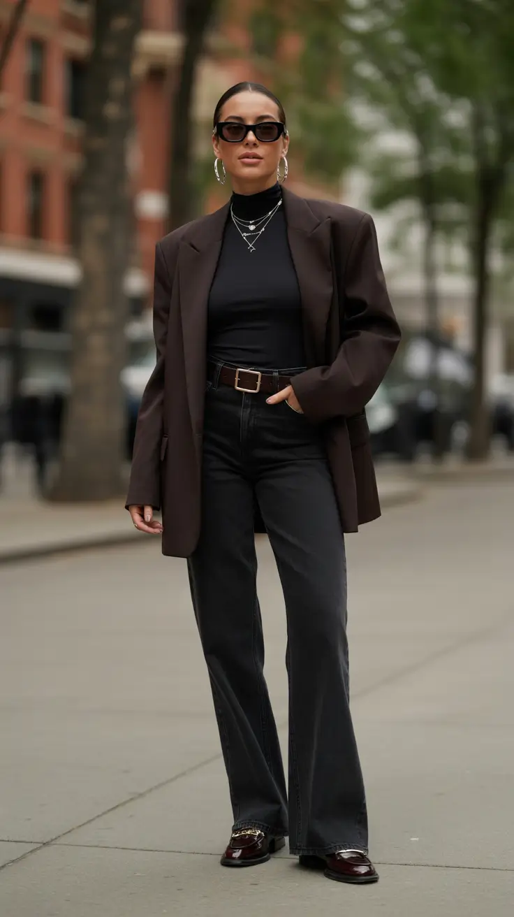 Business casual outfits for women 2026 - Monochrome base with a roomy chocolate blazer