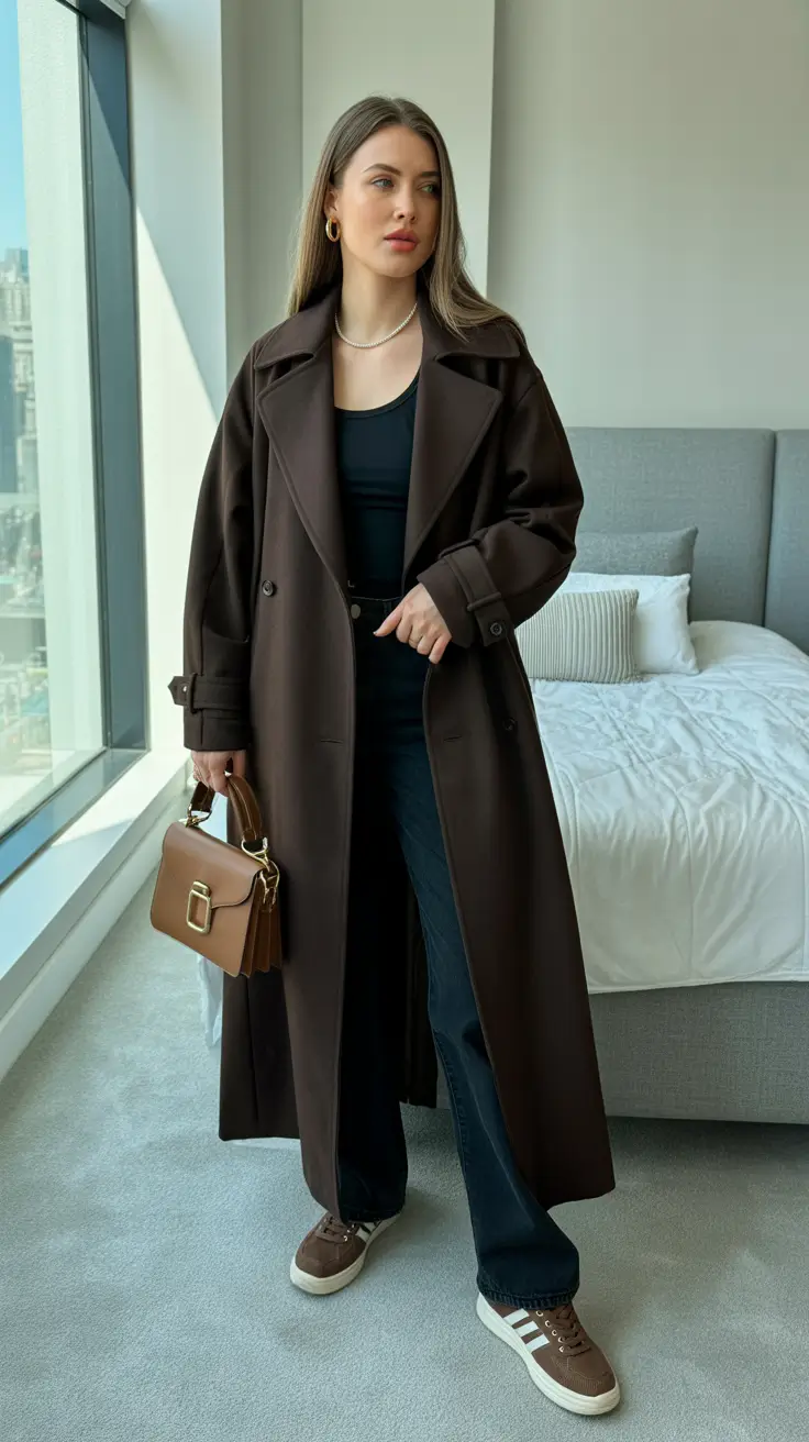 Trendy capsule wardrobe outfits 2026 Chocolate Coat And Sneakers For Minimalist Off Duty