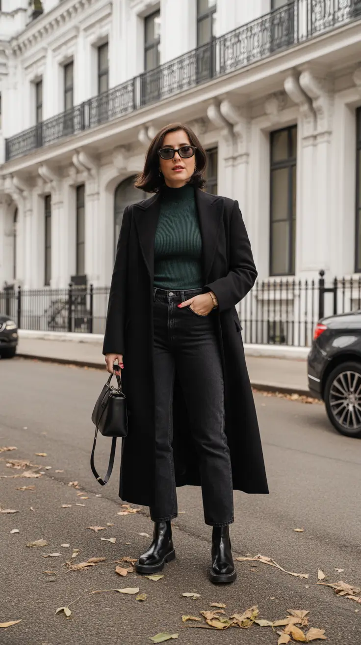 Trendy Capsule Wardrobe Outfits 2026 - Emerald Knit And Long Black Coat Power Look