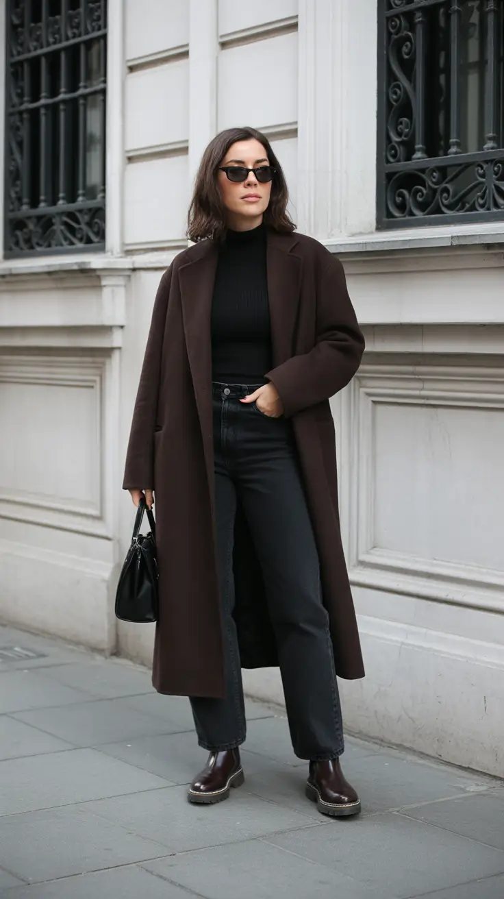 Trendy Capsule Wardrobe Outfits 2026 - Dark Chocolate Coat And Modern Black Basics