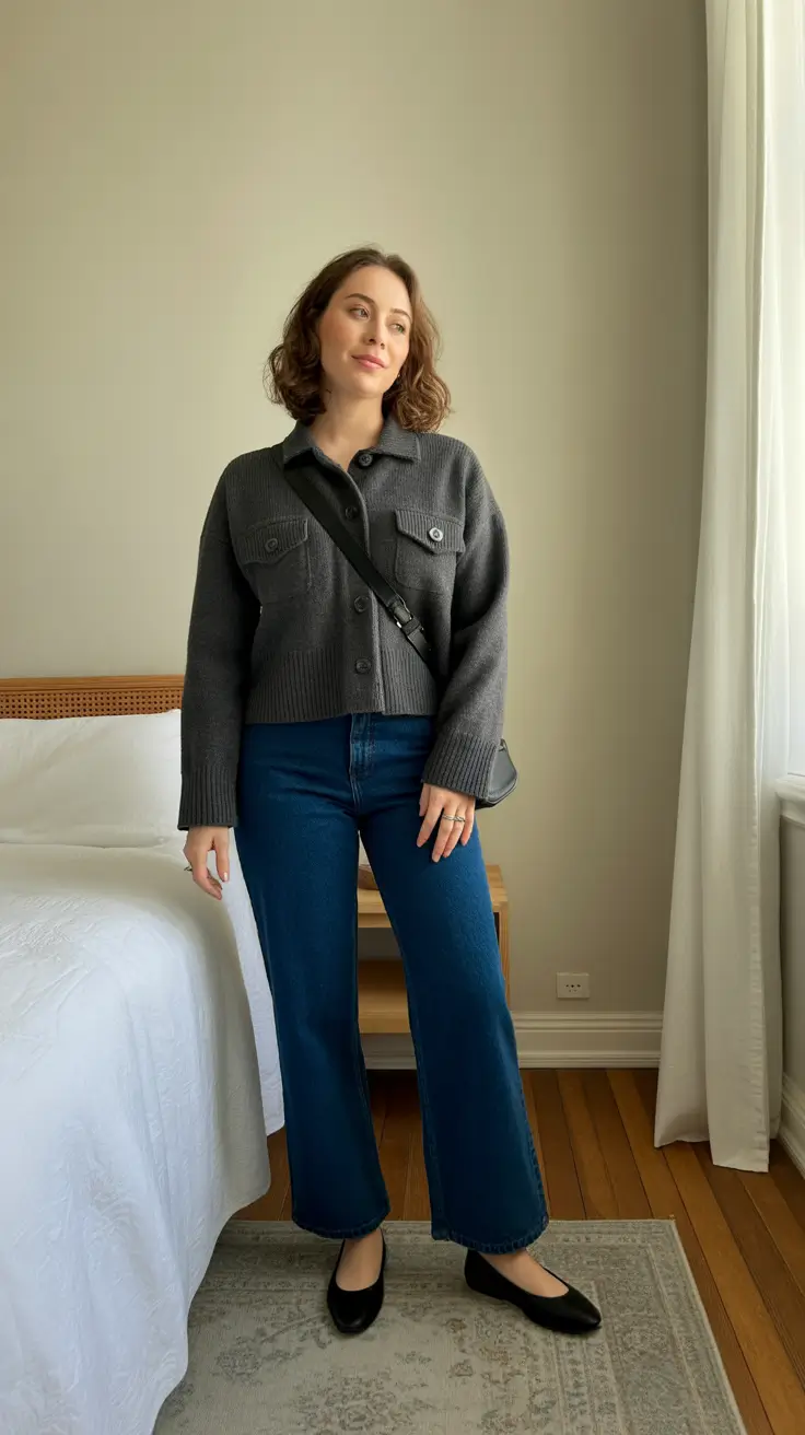 Trendy capsule wardrobe outfits 2026 Grey Knit Jacket With Classic Denim