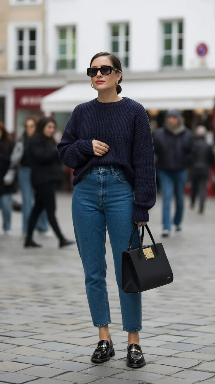Trendy capsule wardrobe outfits 2026 Navy Sweater And Jeans For City Casual