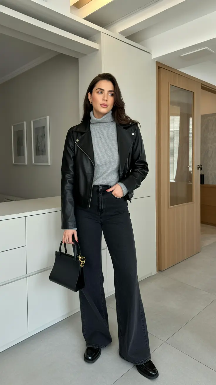 Trendy Capsule Wardrobe Outfits 2026 - Soft Grey Knit And Classic Leather Moto