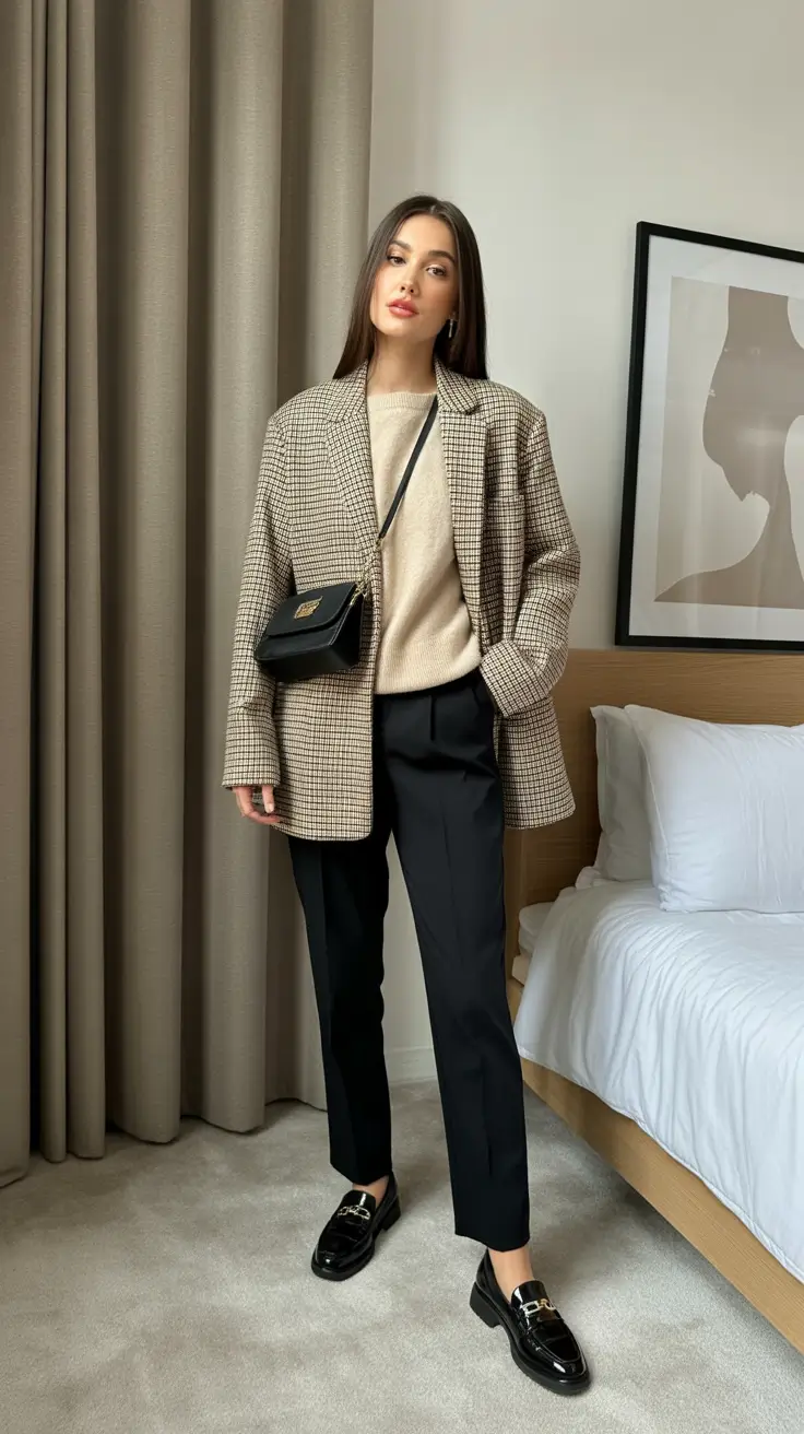 Trendy capsule wardrobe outfits 2026 Checked Blazer Look For Smart Everyday